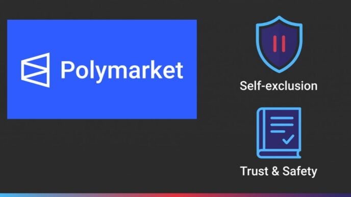 Polymarket logo beside shield and rulebook icons labelled Self-exclusion and Trust & Safety